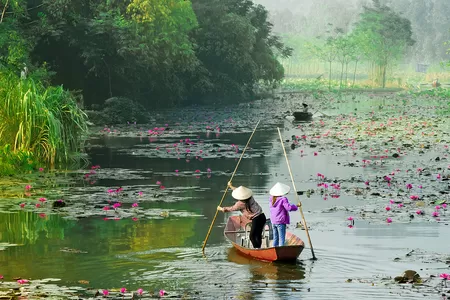 Boote auf Kanälen mit Seerosen im Mekong Delta in Vietnam