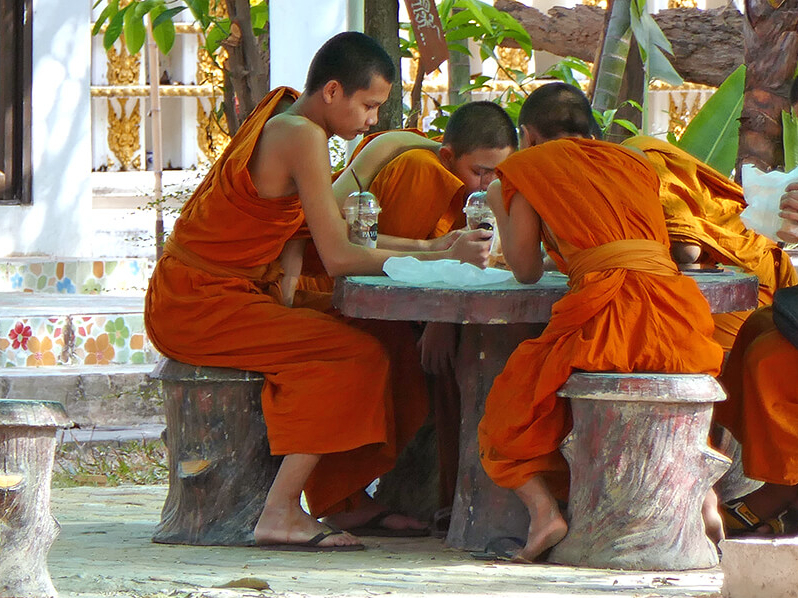 Buddhistische Mönche in ihren safrangelben Roben