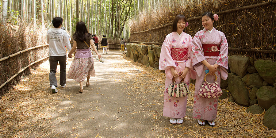 Japanerinnen im Kimono bummeln durch den Bambushain in Kyoto